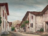 a painting of a street in a small town