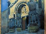 une peinture à l'huile représentant une église avec une horloge sur sa façade