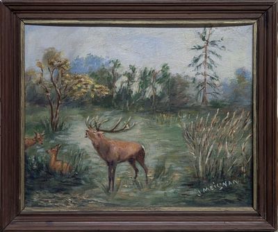J. MEIGNAN (XXe) "Cerf bramant près de biches"