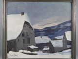 an image of a painting of a farm in the snow