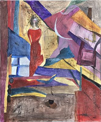 an image of a painting of a woman in a red dress
