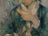 tableau représentant une femme en train de manger un morceau de pain sur une table