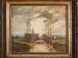 a painting of a country road with a church in the distance