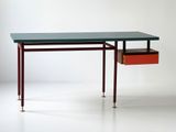 an image of a desk with a drawer underneath it on a white surface