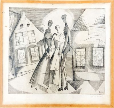 an image of a drawing of a man and a woman walking down a street