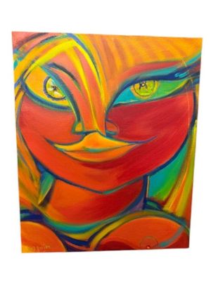 une peinture abstraite représentant le visage d'une femme aux yeux d'un jaune vif