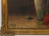 a painting of a vase of flowers on a table
