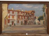 an oil painting of a street scene with a horse and carriage in front of a building