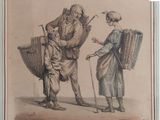 un vieux dessin représentant un homme et une femme avec des paniers