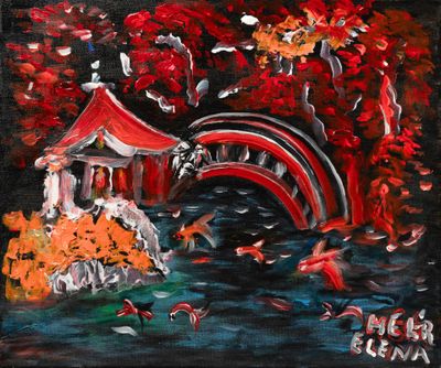 une peinture à l'huile représentant un pont rouge enjambant un étang où nagent des poissons