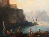 painting of a group of people on a rocky shore with a castle in the background