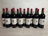 six bottles of red wine lined up in a row