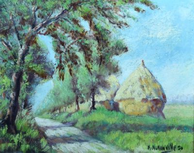 une peinture à l'huile représentant une scène de campagne avec des balles de foin au bord d'un chemin de terre