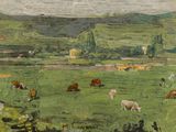 a painting of cows grazing in a field with mountains in the background