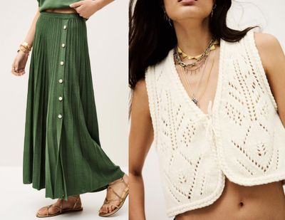 two photos of a woman in a green dress and a white top