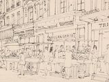 drawing of a street scene with people standing outside of a store
