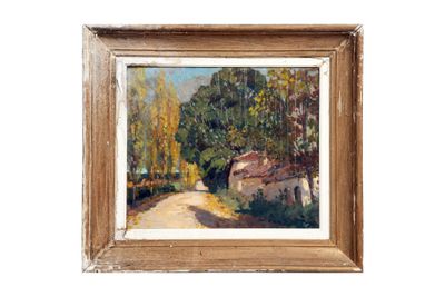 une image représentant une peinture d'une route de campagne avec une maison en arrière-plan
