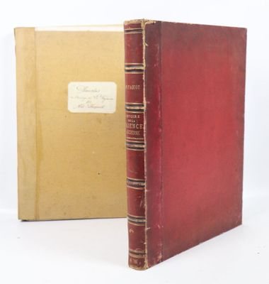 un vieux livre rouge posé à côté d'une boîte marron sur une surface blanche