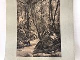 un vieux livre avec l'illustration d'un sentier au milieu d'une forêt