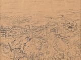 dessin représentant une vue d'une ville depuis une colline, avec un cheval au premier plan