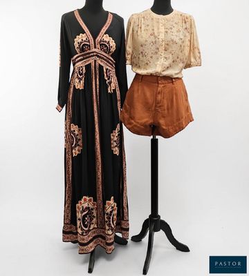 two women ' s dresses on mannequins in front of a white background