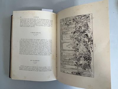 an open book on a table with a drawing on it