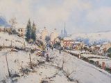 painting of a snow covered village with a church in the background