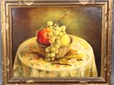 an oil painting of a basket of grapes and apples on a tablecloth