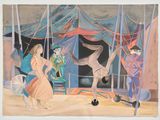 an image of a painting of a circus scene with a horse and people