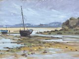 un tableau représentant un bateau amarré sur le rivage