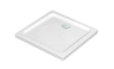 a close up of a square shower tray with a drain