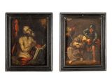 two framed paintings of a man with a sword and a woman with a book