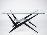 une table basse en verre avec des pieds noirs et un plateau en verre