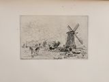 drawing of a windmill in a field with people and horses in the foreground