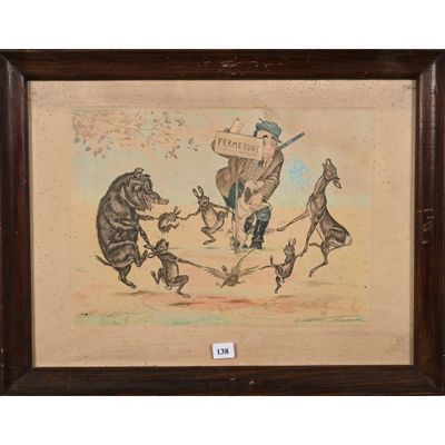 tableau représentant un groupe d'animaux dans un champ, avec un homme tenant une pancarte