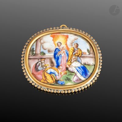une image représentant un tableau illustrant une scène religieuse, dans un cadre doré