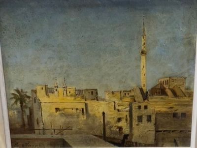 une photo d'un tableau représentant une ville avec une tour horloge