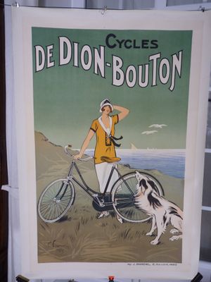 une affiche représentant une femme à vélo accompagnée d'un chien