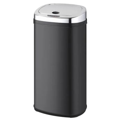a black trash can with a metal lid on a white background