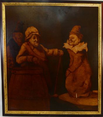 un vieux tableau représentant deux clowns assis sur un tonneau de vin