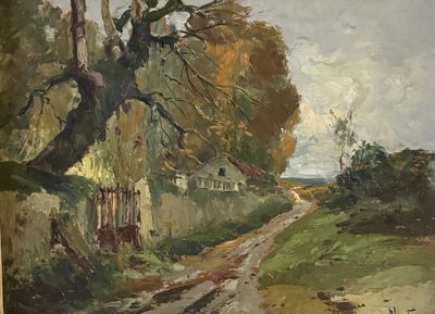 une peinture à l'huile représentant une route de campagne avec une maison au loin