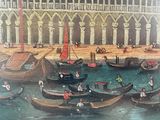 a painting of a group of boats in the water
