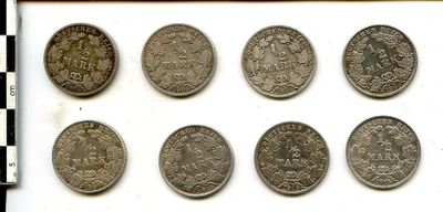 Allemagne. 1/2 Mark. KM #17 (1905Ax2, 1906A et G, 1907D, 191…