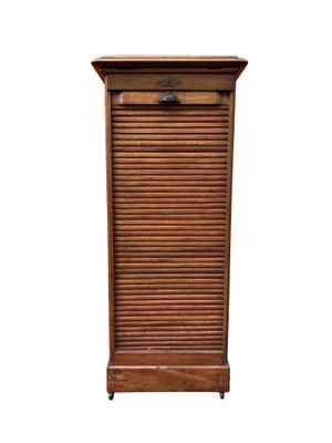 an image of a wooden cabinet with shutters on top of it