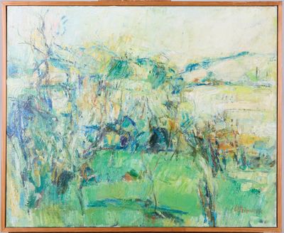 une peinture à l'huile représentant un cheval dans un champ, avec des arbres en arrière-plan