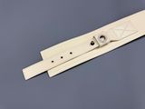 a close up of a white leather belt with a metal buckle