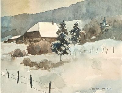 a watercolor painting of a farm in the snow