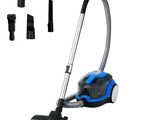a close up of a blue and black vacuum cleaner and accessories