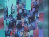 abstract painting of blue, purple, and red squares on a green background