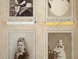 four old black and white photos of a baby in a chair